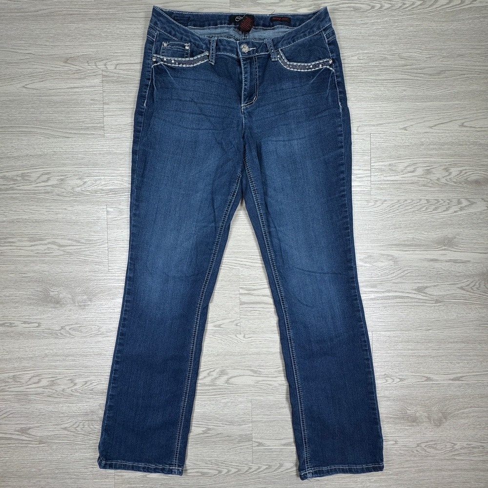 Earl Jean Women Barely Boot Jeans Blue 10 Embellished Pocket Dark Wash Denim